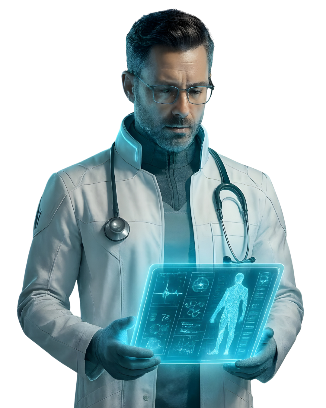 Doctor reviewing patient data on holographic interface