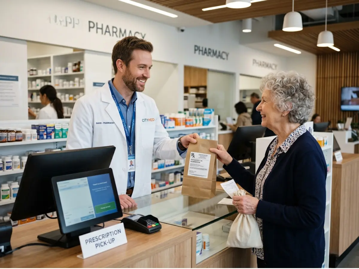 Pharmacist with patient